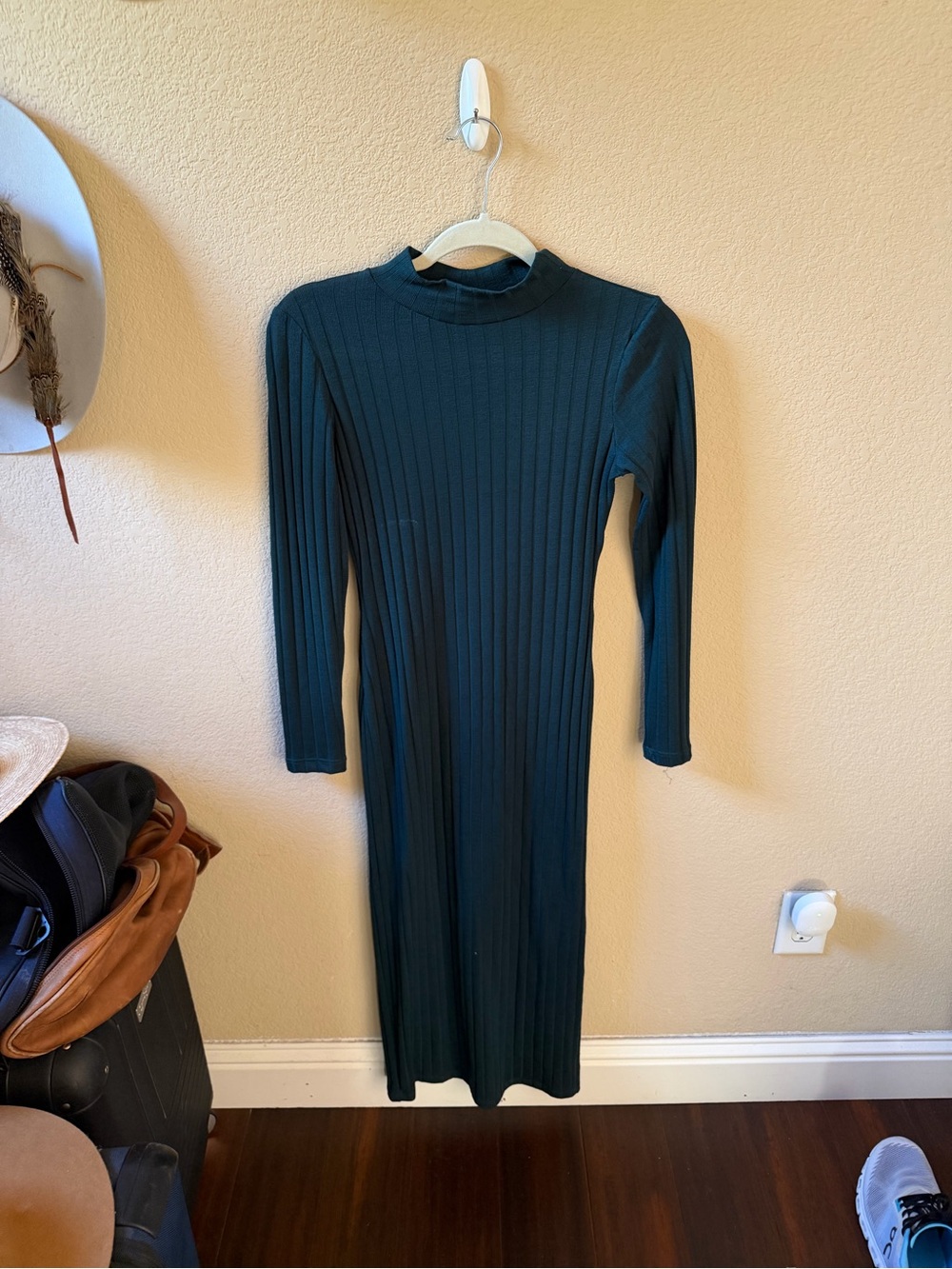 Topshop Ribbed Long-Sleeve Midi Dress in Dark Teal